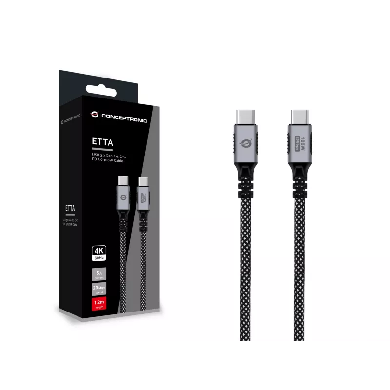 CONCEPTRONIC USB-C to USB-C kaabel ETTA07B12 — USB 3.2 Gen 2x2, 1,2 m, 20 Gbps, PD 3.0 100 W (20 V/5 A), 4K60 Hz, must, E-Mark