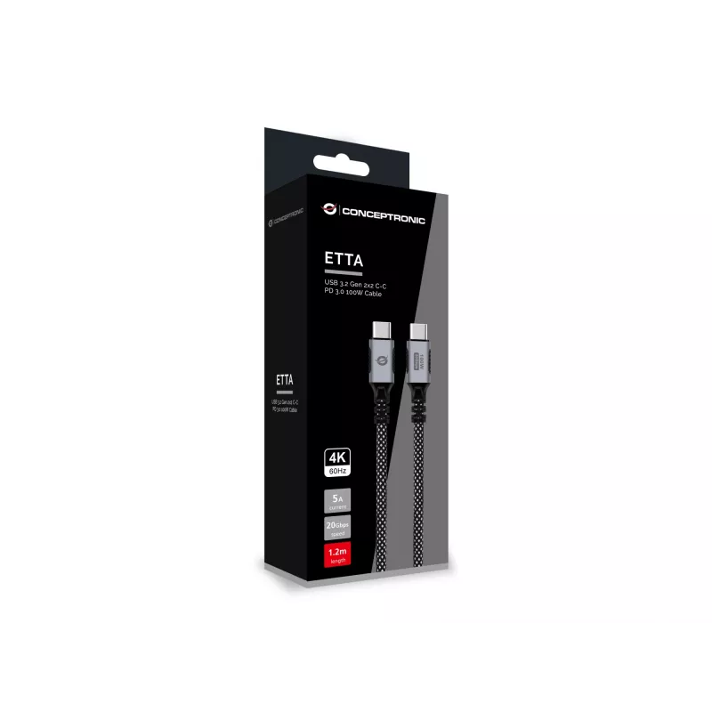 CONCEPTRONIC USB-C to USB-C kaabel ETTA07B12 — USB 3.2 Gen 2x2, 1,2 m, 20 Gbps, PD 3.0 100 W (20 V/5 A), 4K60 Hz, must, E-Mark