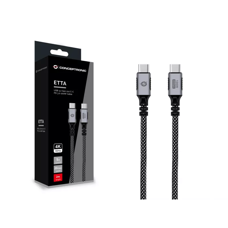 USB-C kuni USB-C kaabel CONCEPTRONIC ETTA07B20 — USB 3.2 Gen 2x2, 2 m, 20 Gbps, PD 3.0 100W (20V 5A), 4K@60Hz, E-märgistus