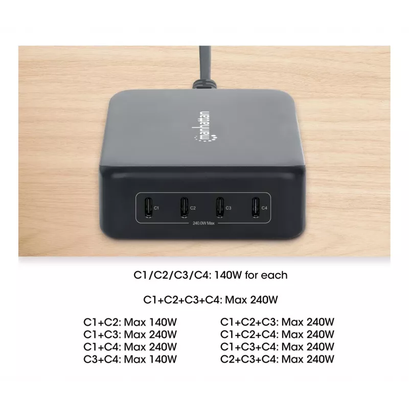 Laadur Manhattan Four USB-C PD Ports 140W pordi kohta 240W kokku