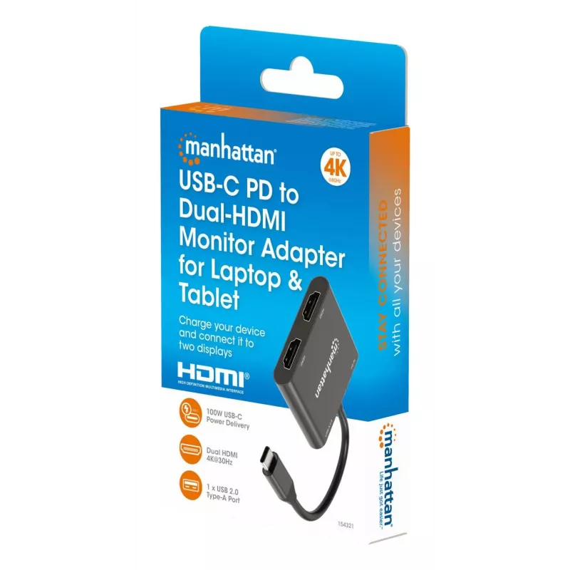 Mitmepordiline adapter Manhattan 154321 USB USB-C 2 HDMI-le USB-A ja 100 W toiteedastusega