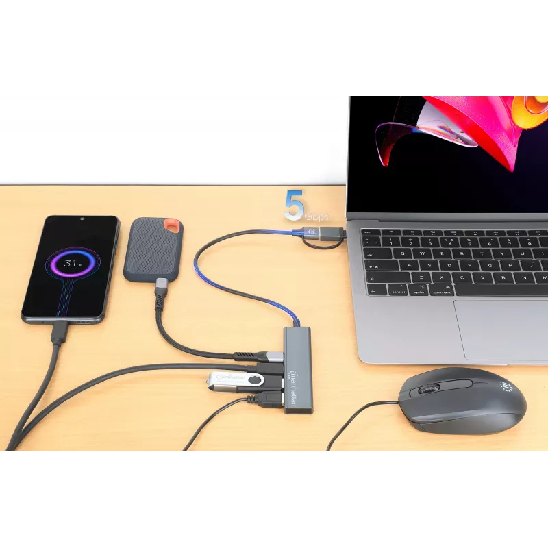 USB-C ja USB-A kombodokk/jaotur Manhattan 4 porti 5 Gbps alumiinium