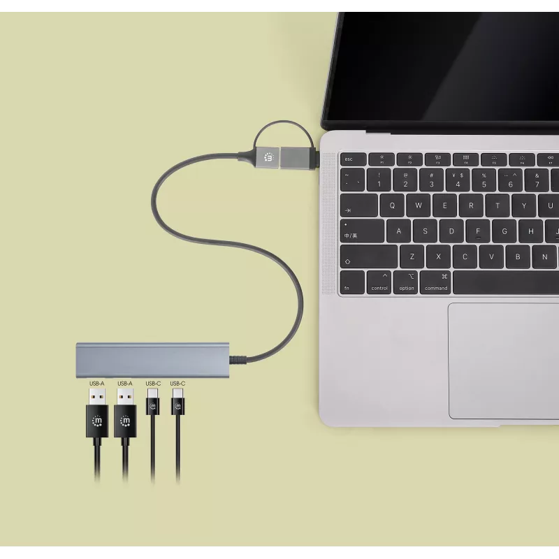 USB-C ja USB-A kombodokk/jaotur Manhattan 4 porti 5 Gbps alumiinium
