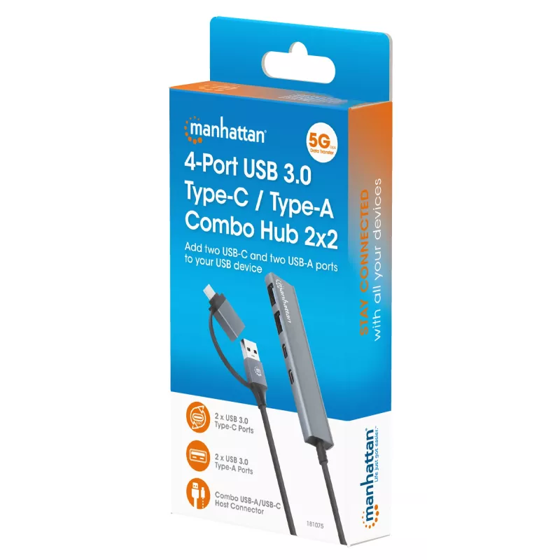 USB-C ja USB-A kombodokk/jaotur Manhattan 4 porti 5 Gbps alumiinium