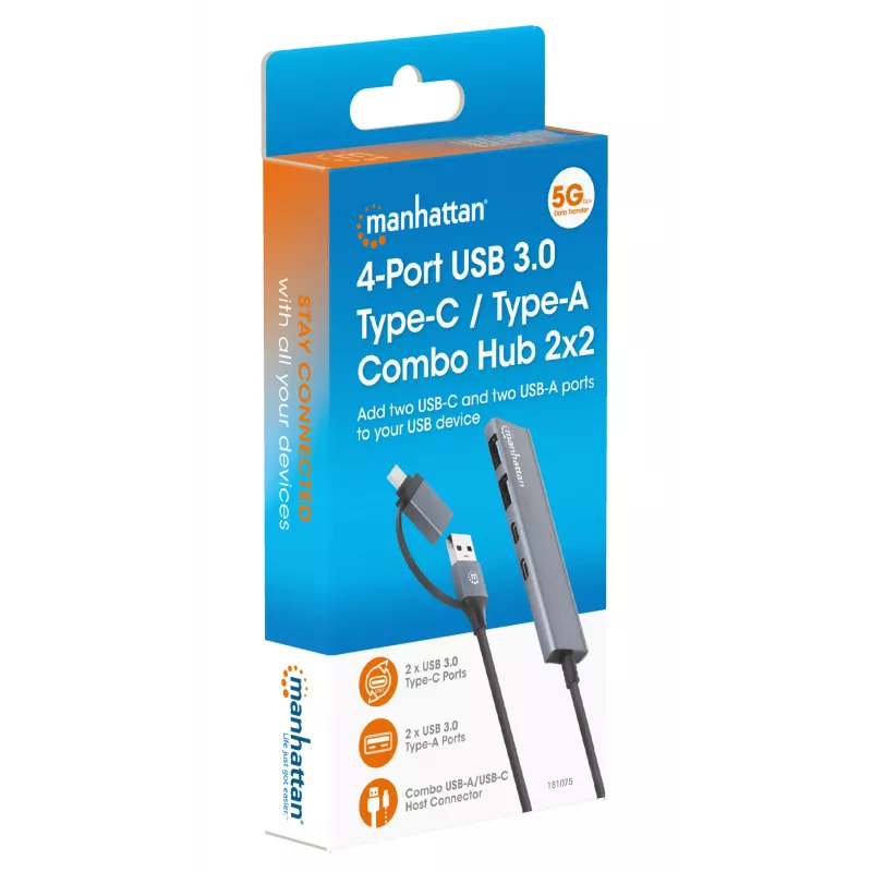 USB-C ja USB-A kombodokk/jaotur Manhattan 4 porti 5 Gbps alumiinium