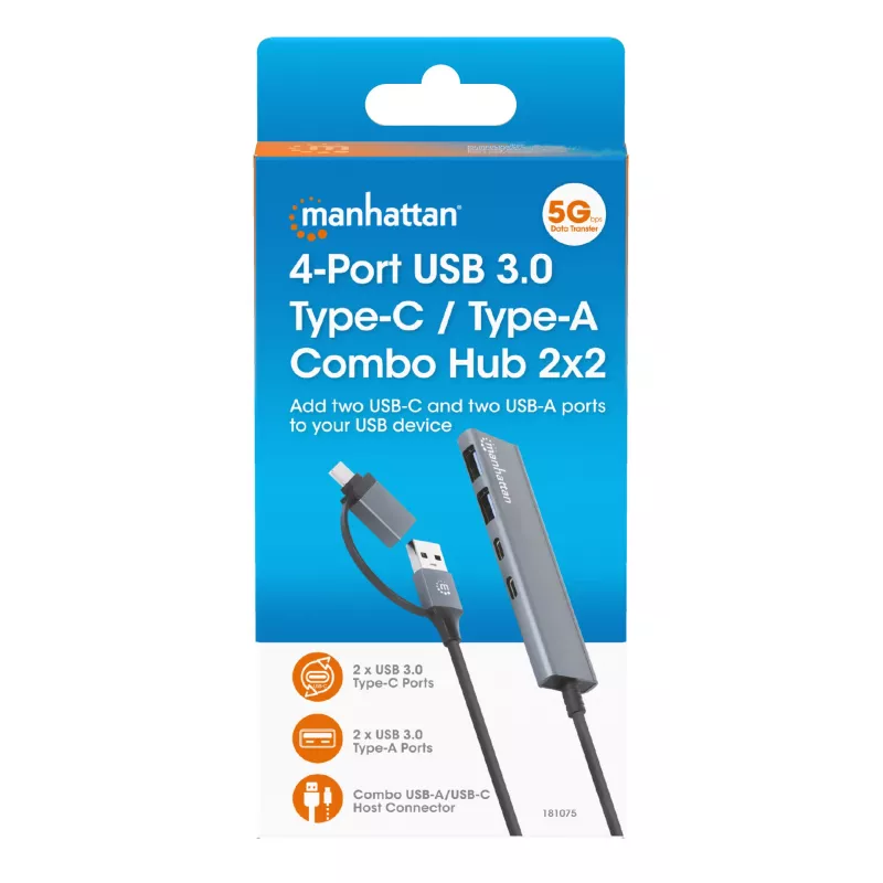 USB-C ja USB-A kombodokk/jaotur Manhattan 4 porti 5 Gbps alumiinium