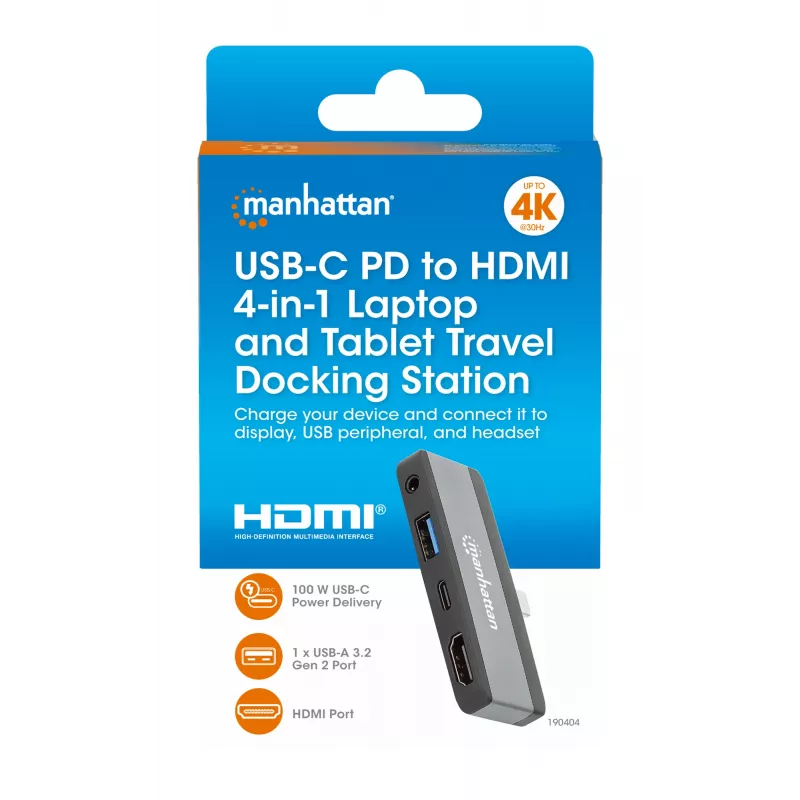 USB-C reisidokk Manhattan 190404 4 porti HDMI USB-A USB-C 3,5 mm