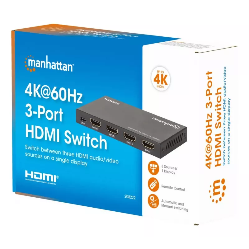 HDMI Switch 3x1 MANHATTAN 18G Automatic Manual IR Remote Control Must