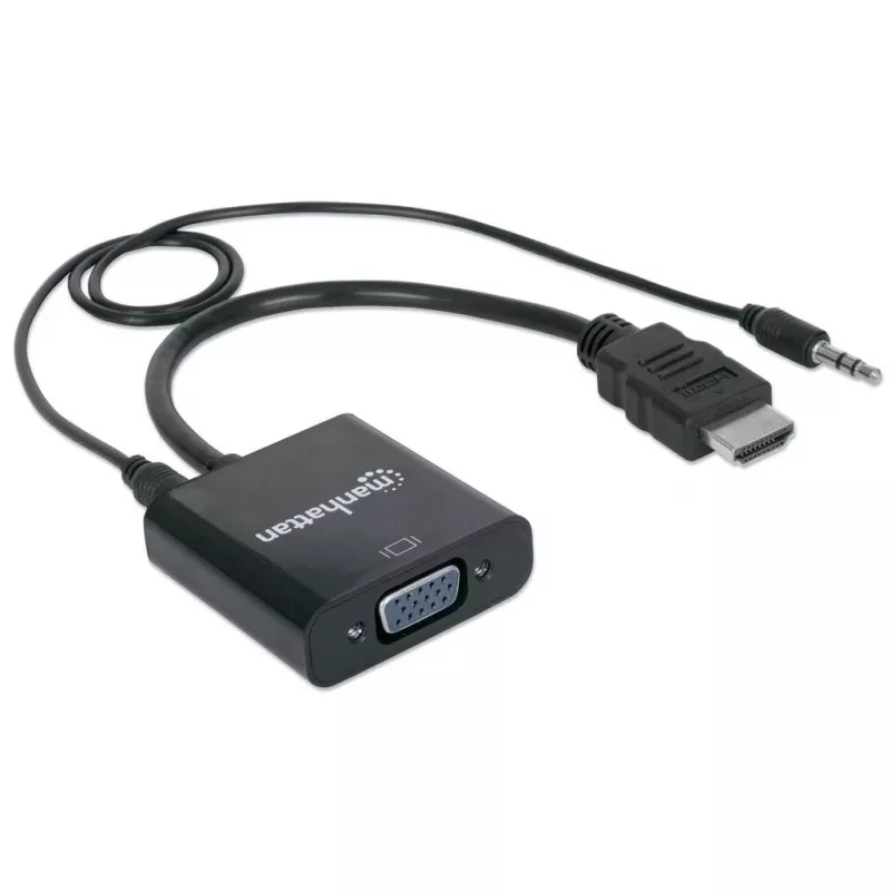 Manhattan HDMI-VGA (heli) muundurkaabel, 1080p, 30 cm, isane–emane, Micro-USB toitesisend lisatoiteks vajadusel, must, kolmeaastane garantii