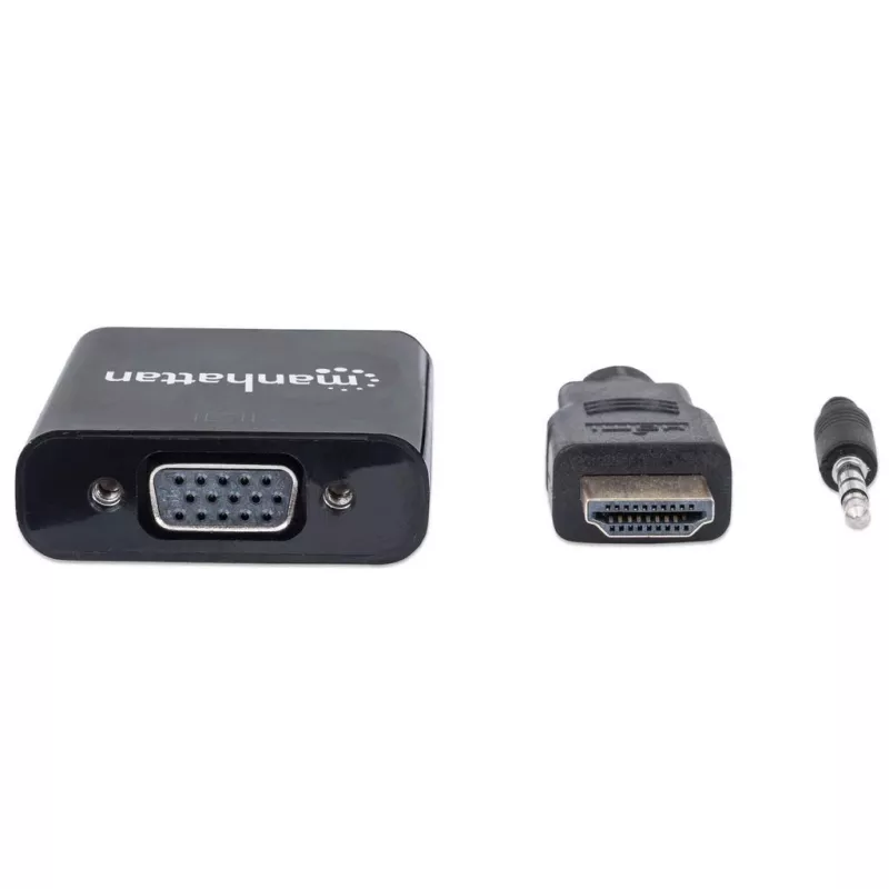 Manhattan HDMI-VGA (heli) muundurkaabel, 1080p, 30 cm, isane–emane, Micro-USB toitesisend lisatoiteks vajadusel, must, kolmeaastane garantii