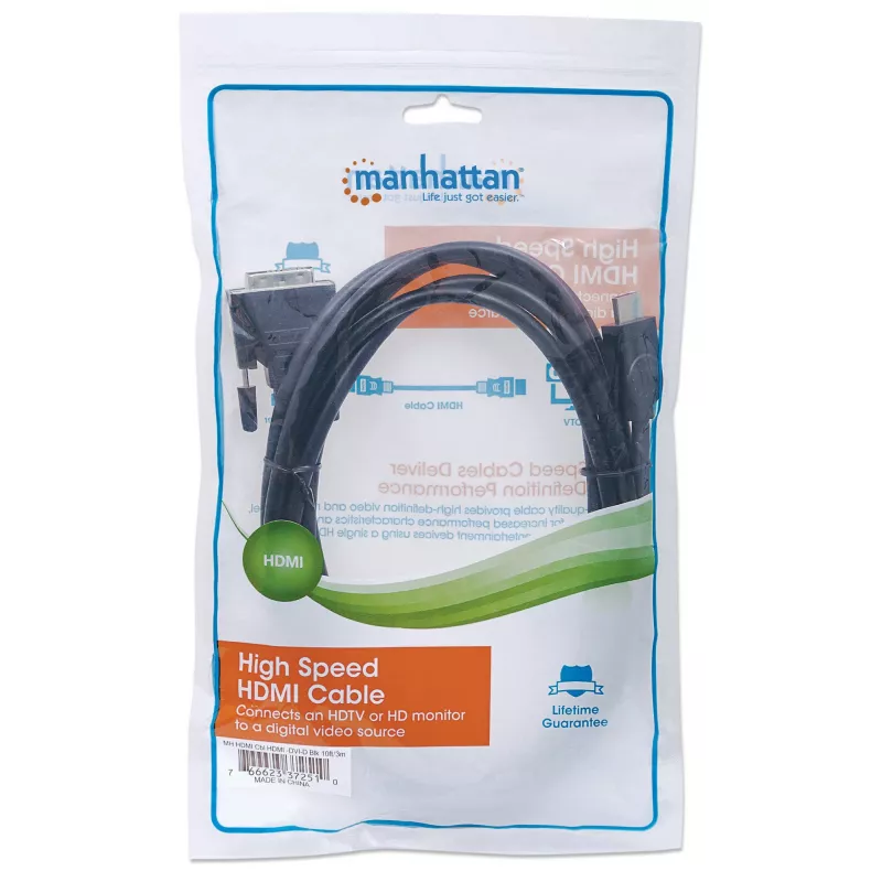 Manhattan HDMI-DVI-D 24+1 kaabel, 3 m, isane-isanele, must, kahe kanaliga, ühildub DVD-D-ga, eluaegne garantii, võrdväärne HDDVIMM3M-ga