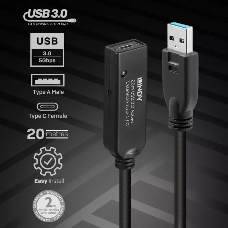 Lindy 20 m USB 3.0 aktiivpikenduskaabel, tüüp A -> C