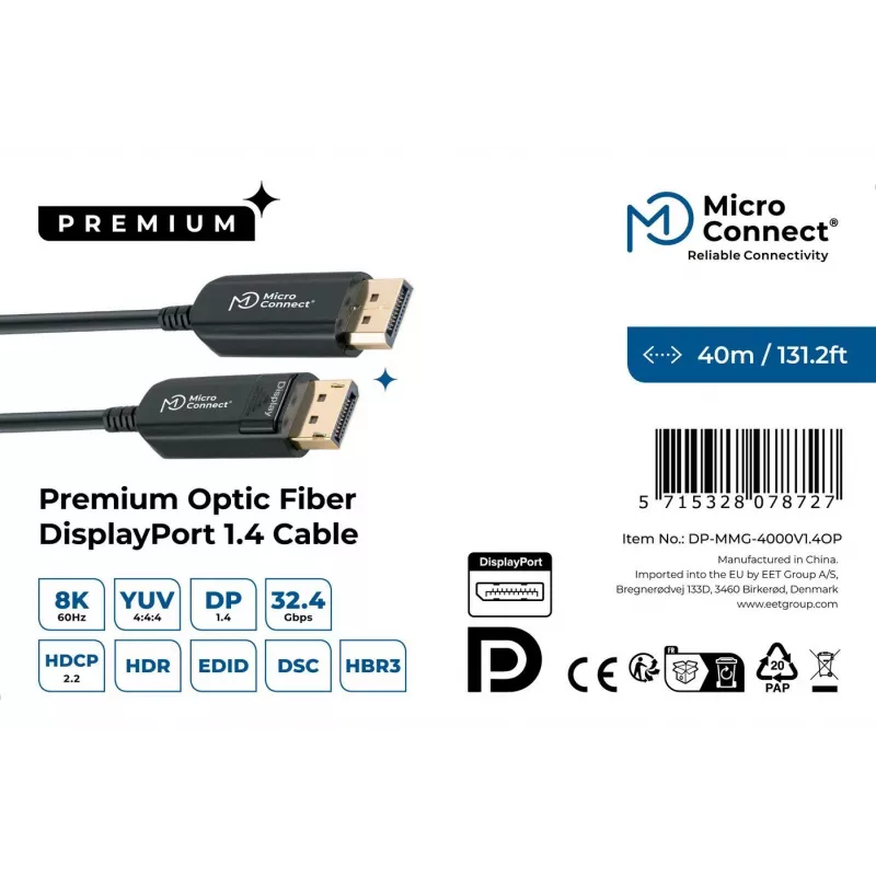 DisplayPort-kaabel MicroConnect DP-MMG-4000V1.4OP — DisplayPort 1.4, toetab kuni 8K@60Hz