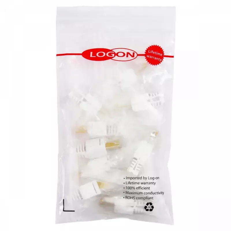 Juhtmepistik LOGON TWP8P8TP RJ-45 Cat5e, läbipaistev/valge/kollane, pakis 10 tk