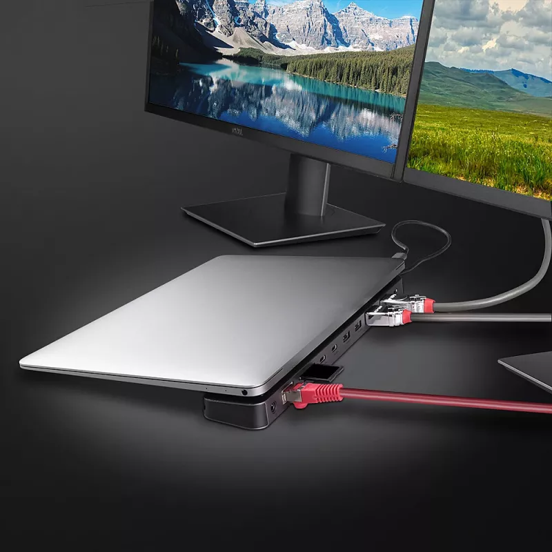 Lindy DST-Mini XT 810, USB-C sülearvuti mini dokkimisjaam ühe ekraaniga (8K) või kahe ekraaniga (4K60) ja 100 W läbiva laadimisega