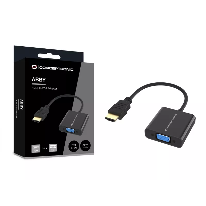 Conceptronic ABBY20B HDMI-VGA-adapter, 0,25 m, HDMI-tüüp-A (standard), VGA (D-Sub), pistik, pesa, sirge