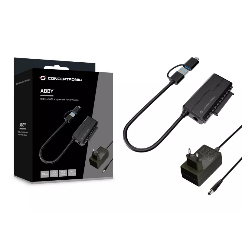 Conceptronic ABBY21B USB 3.0 SATA adapter koos toiteadapteriga, 2,5-tolline/3,5-tolline SATA HDD/SSD, 2-ühes USB C/A kaabel