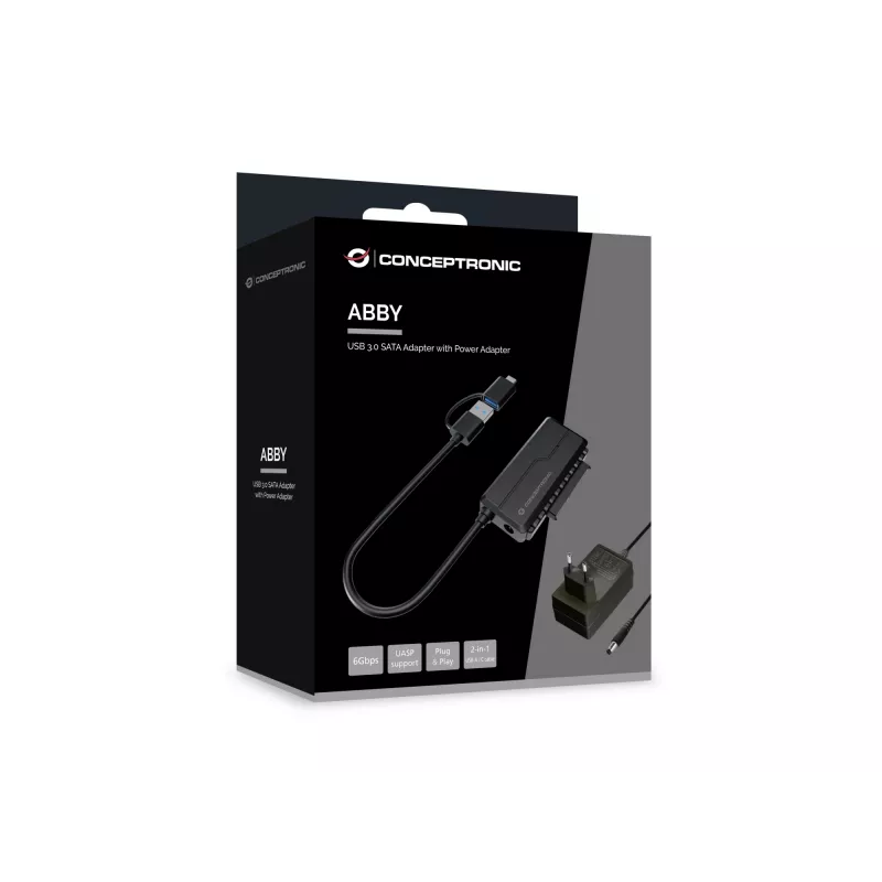 Conceptronic ABBY21B USB 3.0 SATA adapter koos toiteadapteriga, 2,5-tolline/3,5-tolline SATA HDD/SSD, 2-ühes USB C/A kaabel
