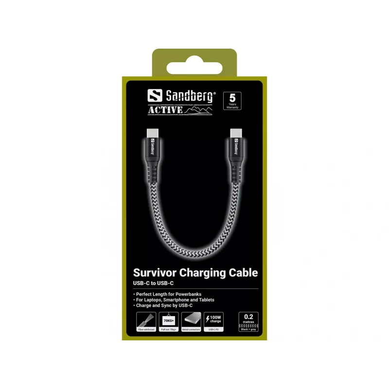 USB-C kaabel Sandberg Survivor 0,2M 100W Must Valge