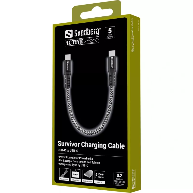USB-C kaabel Sandberg Survivor 0,2M 100W Must Valge