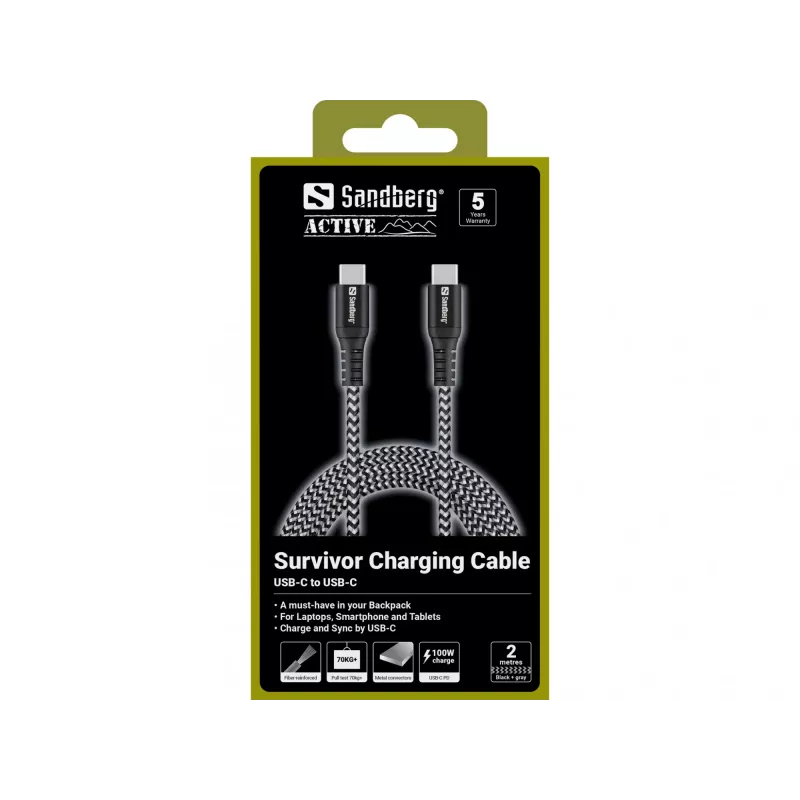 USB-C kaabel Sandberg Survivor 2M 100W must valge