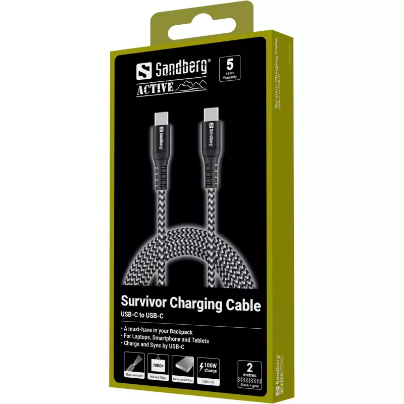 USB-C kaabel Sandberg Survivor 2M 100W must valge