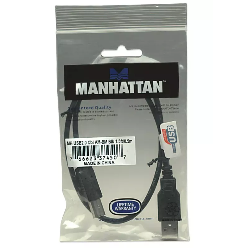 Manhattan USB-A to USB-B kaabel, 0,5m, isane-isanele, 480 Mbps (USB 2.0), Hi-Speed USB, must, eluaegne garantii, samaväärne USB2HAB50CM-ga