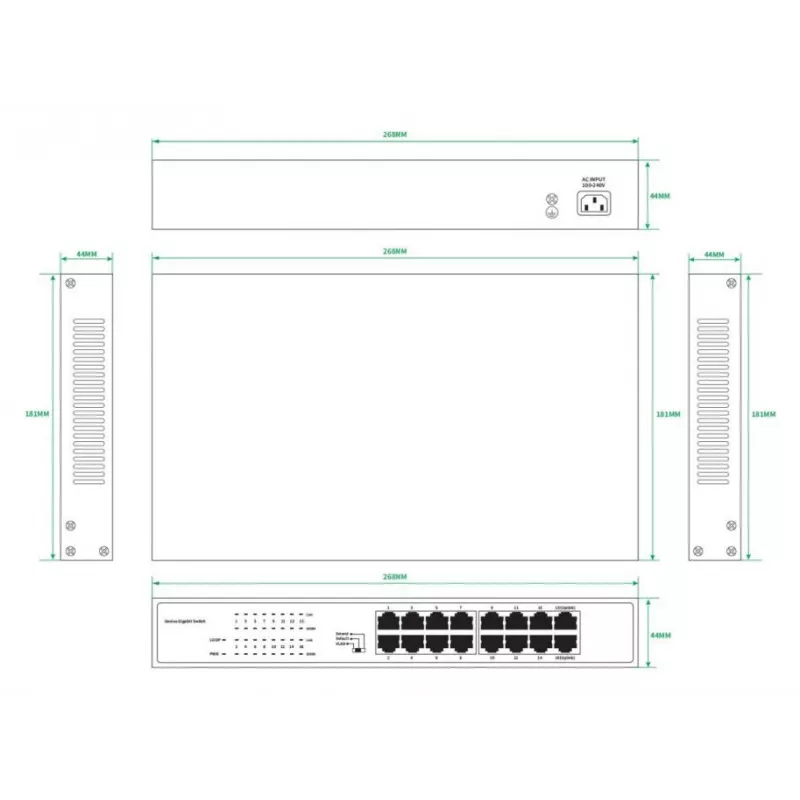 Haldamata kommutaator Lanview LVN-1U-16PORT-1G 16-pordiline 1 Gbps Ethernet, 1U raami paigaldus