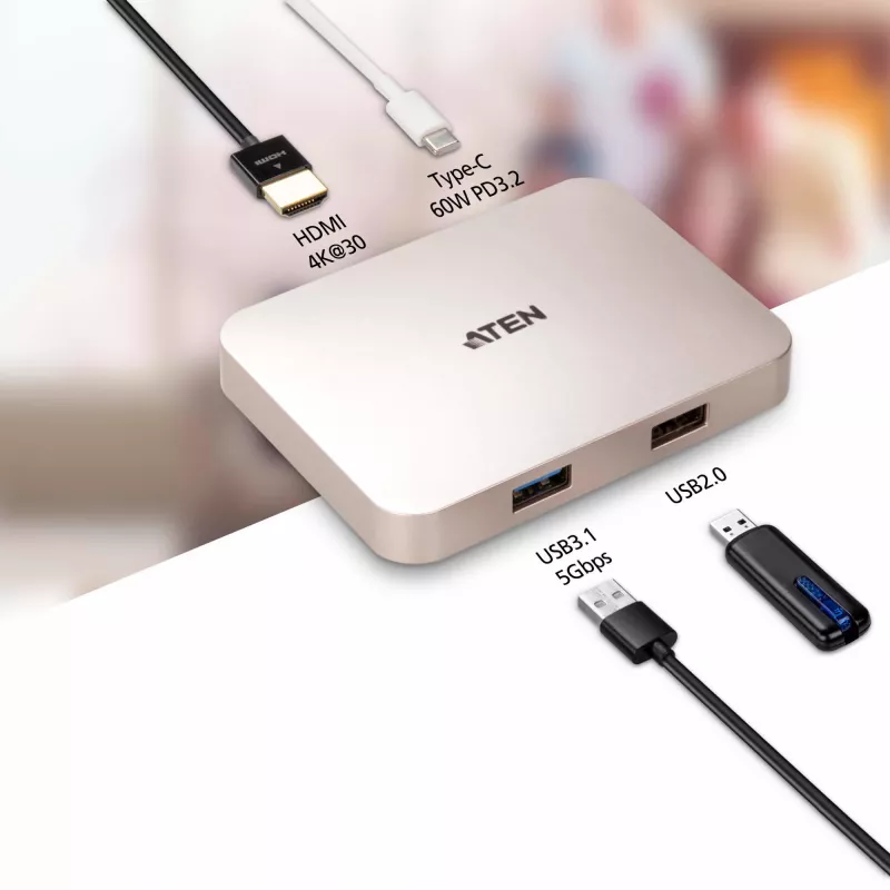 ATEN UH3235 USB-C 4K ülikompaktne minidokk toite läbilaskega