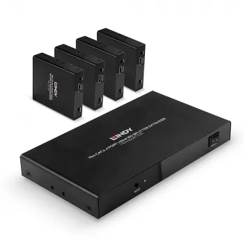 Lindy 70m Cat.6 4 pordiga HDMI 4K60 jaotur-pikendaja, 3840 x 2160 pikslit, AV-saatja ja -vastuvõtja, 70 m, juhtmega ühendatav, must, HDCP