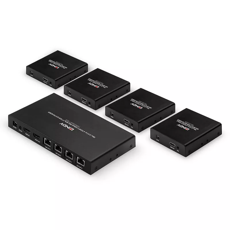Lindy 70m Cat.6 4 pordiga HDMI 4K60 jaotur-pikendaja, 3840 x 2160 pikslit, AV-saatja ja -vastuvõtja, 70 m, juhtmega ühendatav, must, HDCP