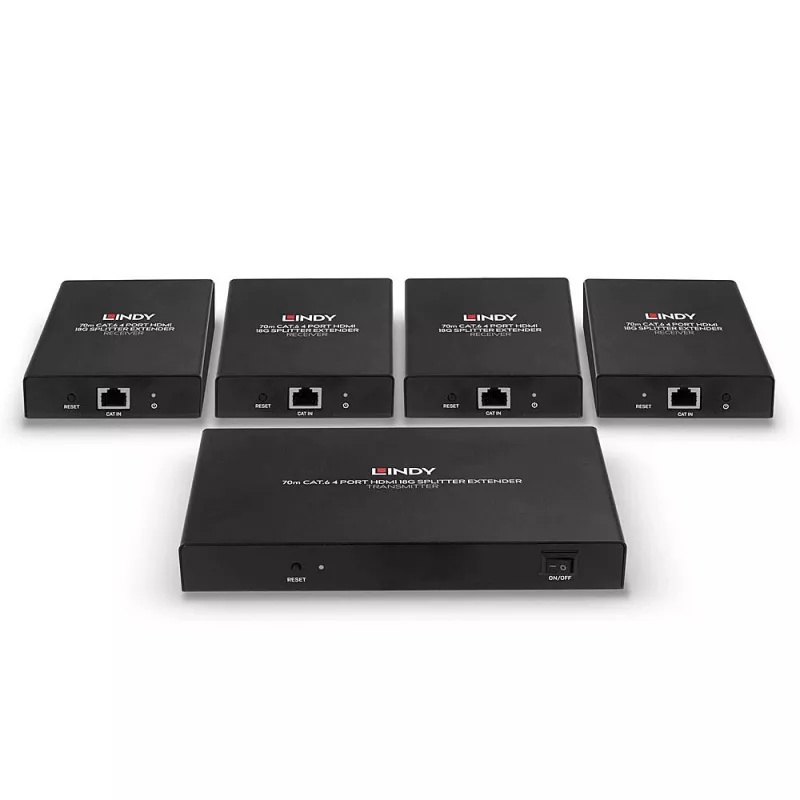 Lindy 70m Cat.6 4 pordiga HDMI 4K60 jaotur-pikendaja, 3840 x 2160 pikslit, AV-saatja ja -vastuvõtja, 70 m, juhtmega ühendatav, must, HDCP