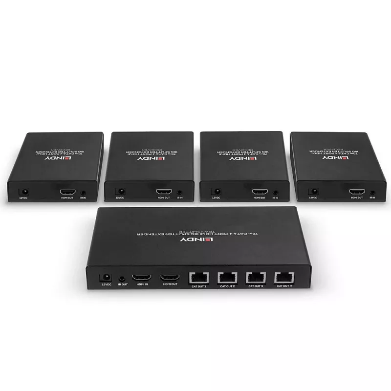 Lindy 70m Cat.6 4 pordiga HDMI 4K60 jaotur-pikendaja, 3840 x 2160 pikslit, AV-saatja ja -vastuvõtja, 70 m, juhtmega ühendatav, must, HDCP