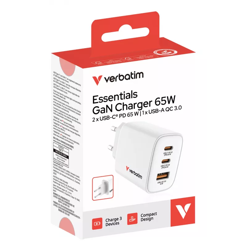 Verbatim Essentials GaN laadija 65W EL-pistik Valge, siseruumides, AC, 20 V, valge