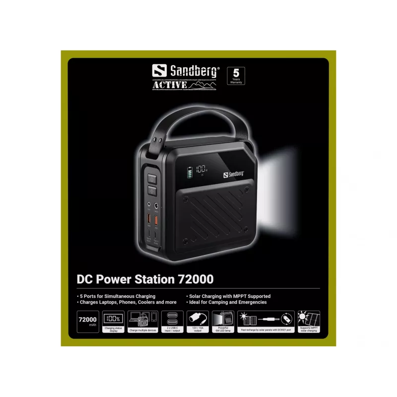 Kaasaskantav alalisvoolu elektrijaam SANDBERG Sandberg DC Power Station 72000 — LMFP 72 000 mAh, DC ja USB-C sisend, must