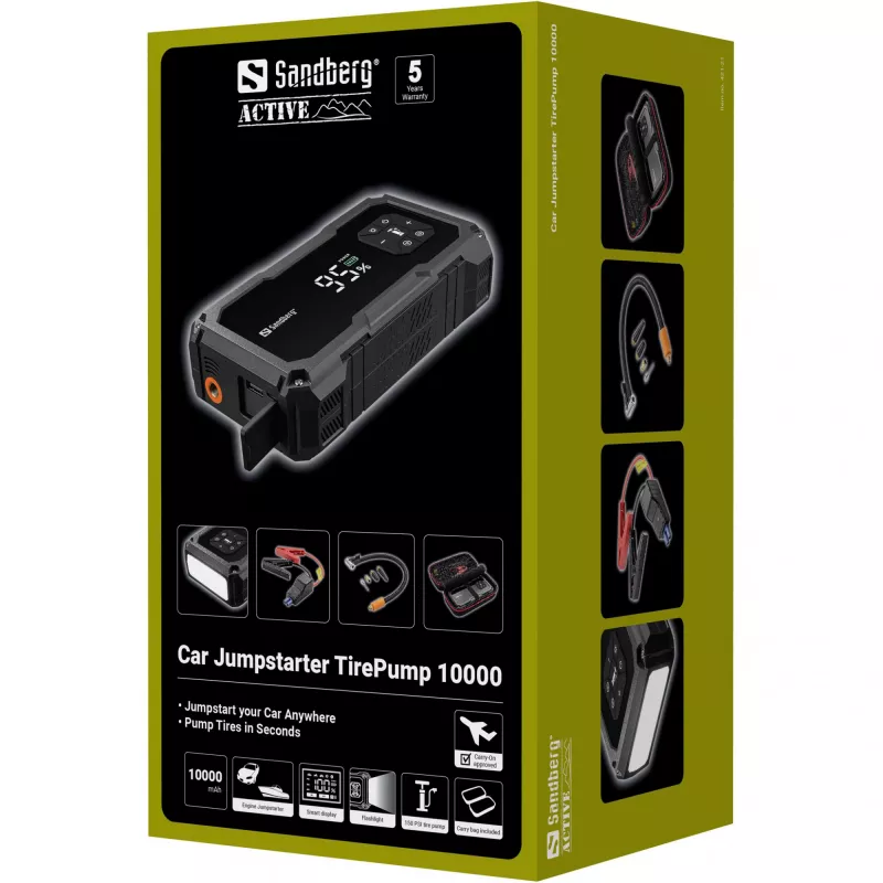 Kaasaskantav käivitusseade ja rehvipump SANDBERG Sandberg Car Jumpstarter TirePump 10000 — 800 A käivitusvool, 2 A väljund, 5 V USB