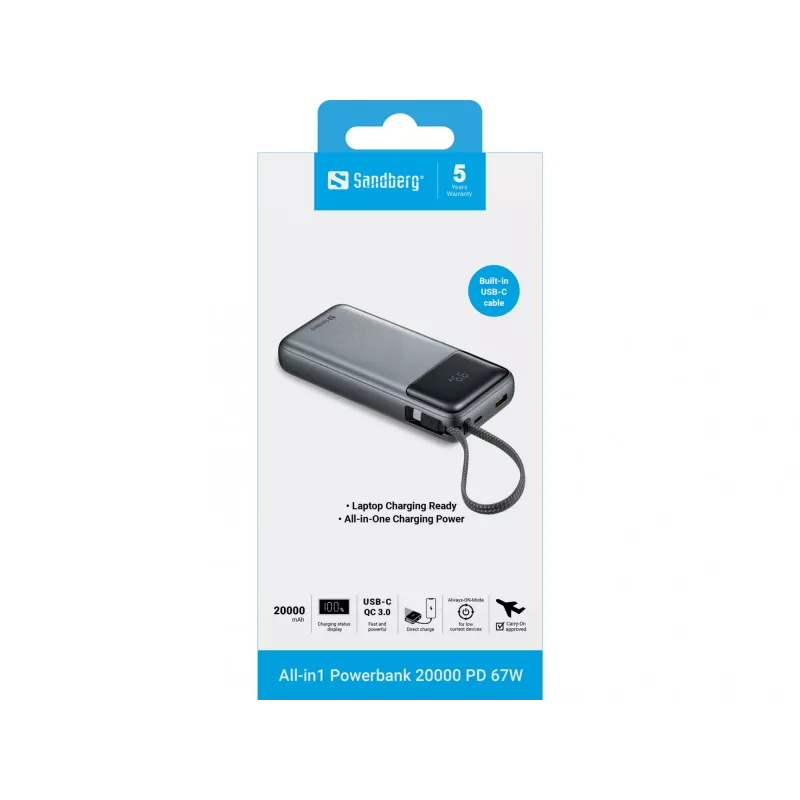Akupank SANDBERG All-in1 Powerbank 20000 PD 67W — 20000 mAh LiPo, 1×USB-A, 1×USB-C, 15W väljund, must/hall