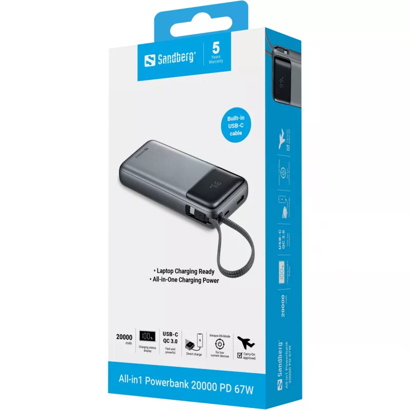Akupank SANDBERG All-in1 Powerbank 20000 PD 67W — 20000 mAh LiPo, 1×USB-A, 1×USB-C, 15W väljund, must/hall