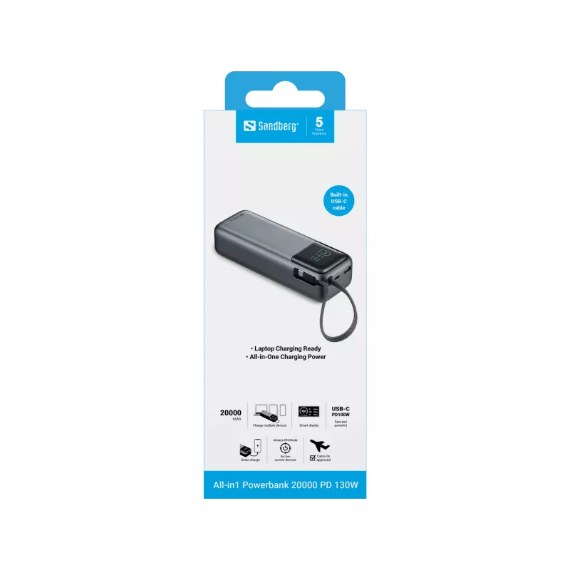 Kaasaskantav akupank SANDBERG All-in1 Powerbank 20000 PD 130W — 20000 mAh, LiPo, USB-A 1x, USB-C 1x, 130 W, must/hall
