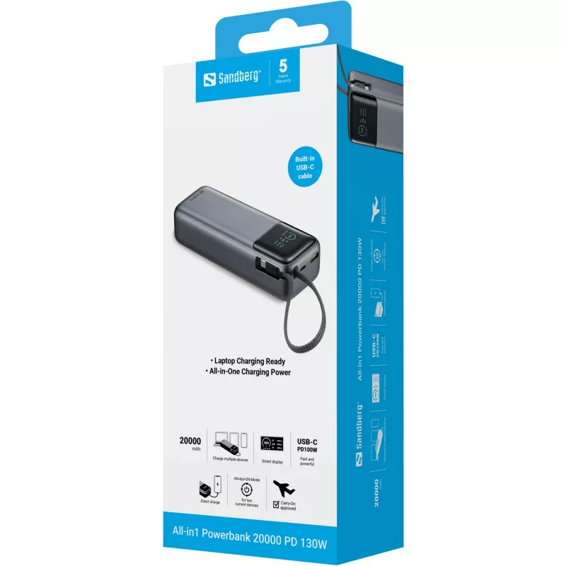 Kaasaskantav akupank SANDBERG All-in1 Powerbank 20000 PD 130W — 20000 mAh, LiPo, USB-A 1x, USB-C 1x, 130 W, must/hall