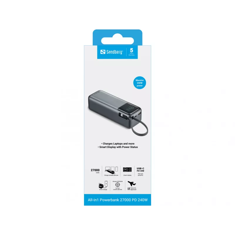 Akupank SANDBERG All-in1 Powerbank 27000 PD 240W — 27000 mAh LiPo, 240 W väljund, 1× USB-A, 1× USB-C, 3,6 V — must/hall
