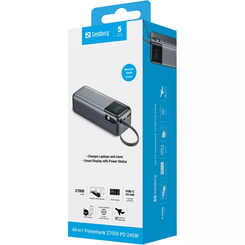 Akupank SANDBERG All-in1 Powerbank 27000 PD 240W — 27000 mAh LiPo, 240 W väljund, 1× USB-A, 1× USB-C, 3,6 V — must/hall