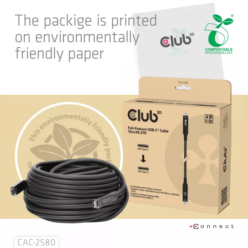 CLUB3D 15M Full-Feature USB-C® kaabel / 49,21 jalga 8K60Hz 10Gbps 60W