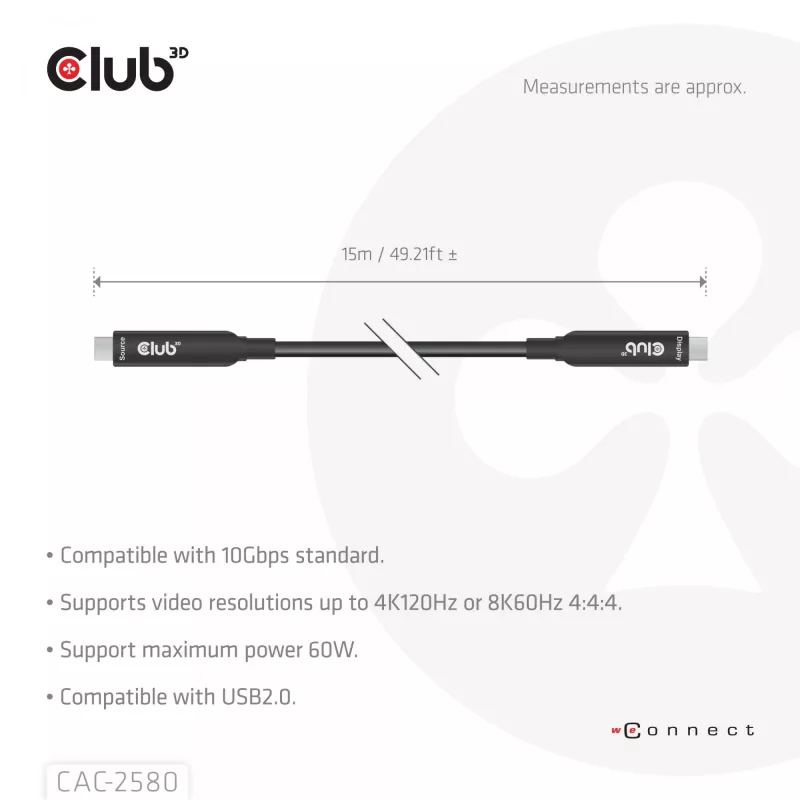 CLUB3D 15M Full-Feature USB-C® kaabel / 49,21 jalga 8K60Hz 10Gbps 60W