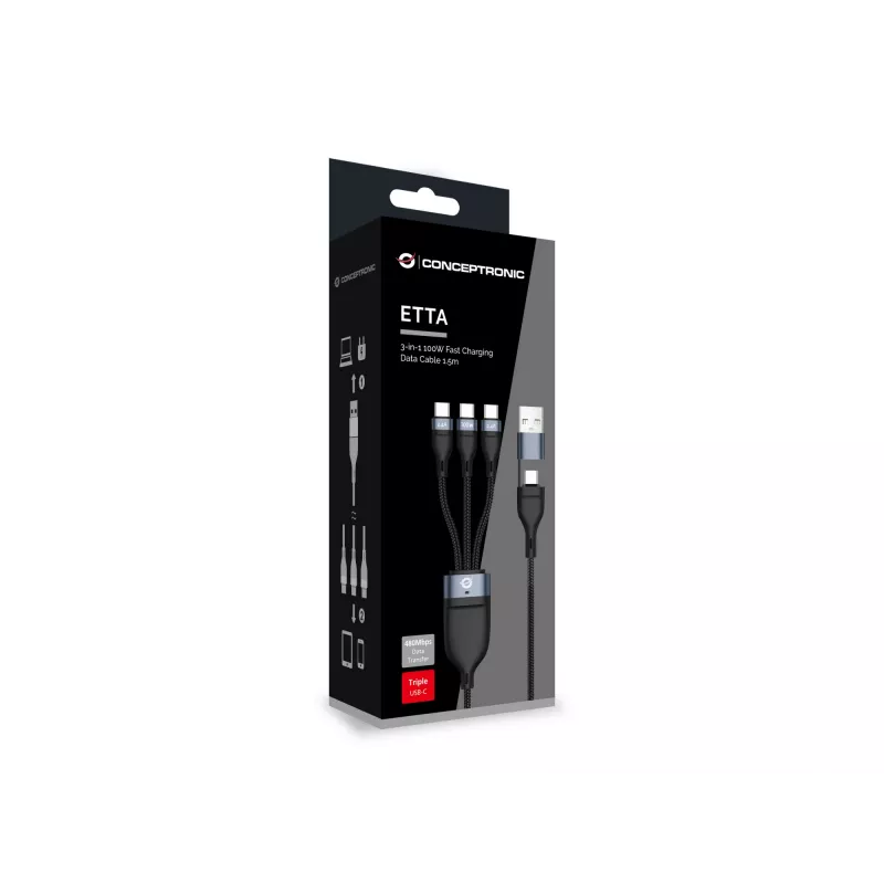 Conceptronic ETTA06B15C 3-ühes 100W kiirlaadimisandmekaabel 1,5M, kolmekordne USB-C, USB 2.0, E-Mark