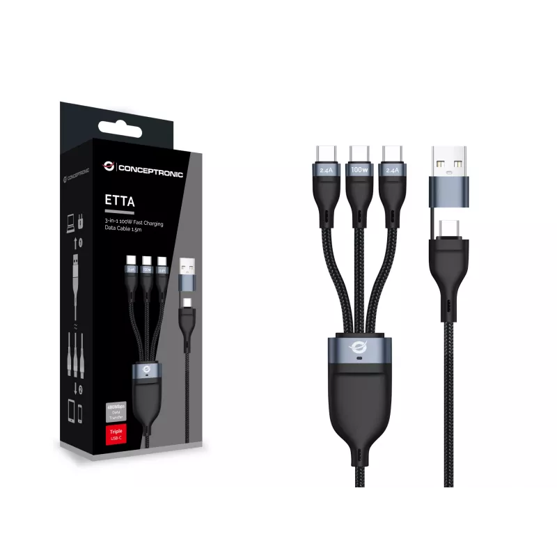 Conceptronic ETTA06B15C 3-ühes 100W kiirlaadimisandmekaabel 1,5M, kolmekordne USB-C, USB 2.0, E-Mark