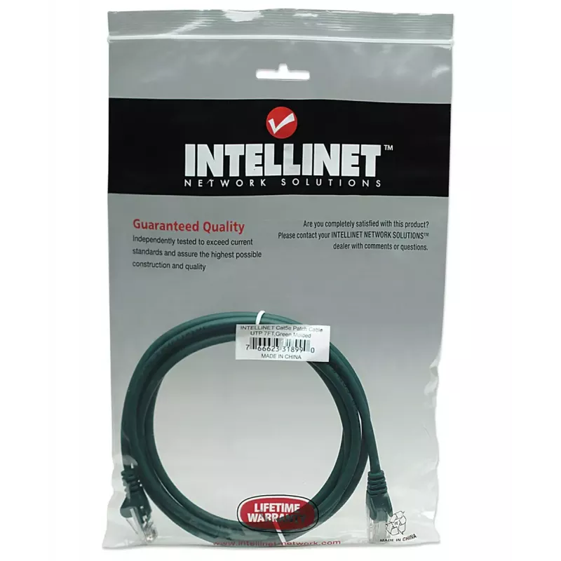 Intellinet võrguparanduskaabel, Cat5e, 2 m, roheline, CCA, U/UTP, PVC, RJ45, kullatud kontaktid, takerdumisvastane, kaitsemuhviga, eluaegne garantii