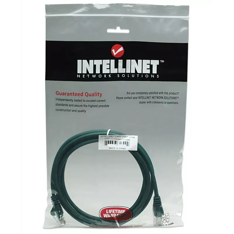 Intellinet võrguparanduskaabel, Cat5e, 5 m, roheline, CCA, U/UTP, PVC, RJ45, kullatud kontaktid, takistusvastane, kaitsesukaga, eluaegne garantii