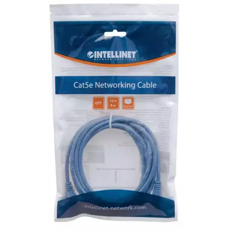 Intellinet võrgukaabel, Cat5e, 3m, sinine, CCA, U/UTP, PVC, RJ45, kullatud kontaktid, haakumisvaba, kaitsetutiga, eluaegne garantii