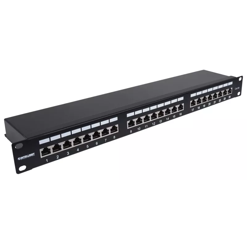 Intellinet Patch Panel, Cat6a, FTP, 24-Port, 1U, Shielded, 90° Top-Entry Punch Down Blocks, Must